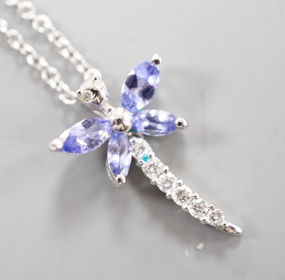 A modern Italian 18ct white gold, tanzanite? and diamond set dragonfly pendant necklace, pendant, 18mm, chain 43cm, gross weight 3.3 grams.